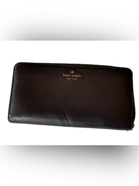 Kate Spade Brown Pebbled Leather Continental Wallet Zip Around Gold Tone Logo